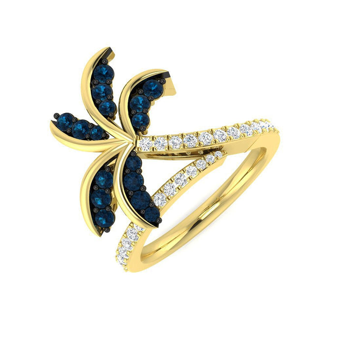 14K Gold Palm Tree Diamond Ring (Blue Diamonds 0.32 cts., White Diamonds 0.33 cts.)