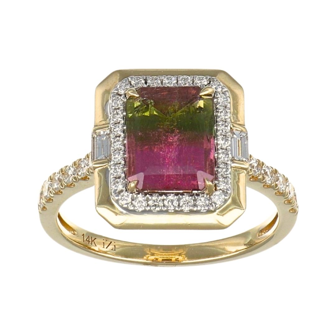 Watermelon Tourmaline Ring (Watermelon Tourmaline 2.06 cts. Baguette White Diamond 0.1 cts. White Diamond 0.35 cts.)