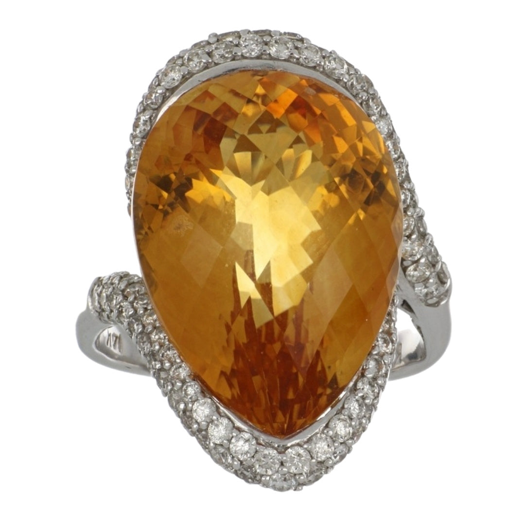 Citrine Ring (Citrine 15.05 cts. Round Cut White Diamond 1.23 cts.)