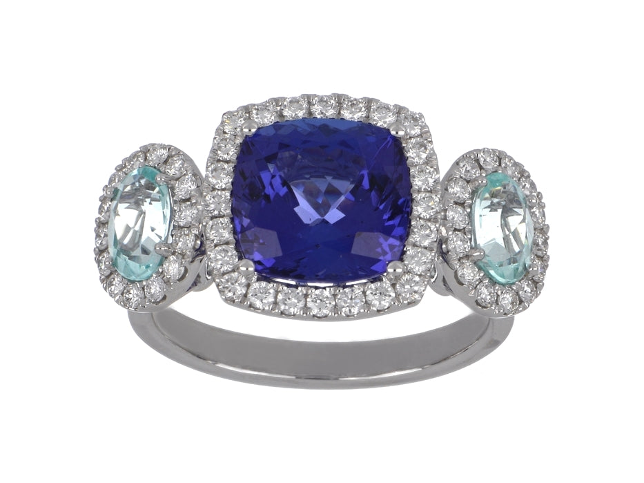 Tanzanite with Paraiba Tourmaline Ladies Ring (Tanzanite 3.73 cts. Paraiba Tourmaline 0.99 cts. White Diamond 0.66 cts.)