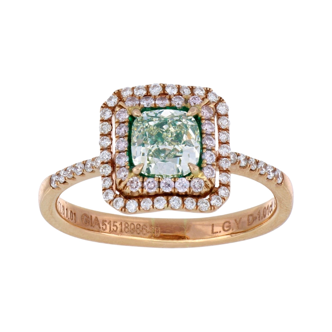 Natural Green Diamond Ring (Natural Green Diamond 1.01 cts. LGY SI1 White Diamond 0.2 cts. Pink Diamond 0.13 cts.)