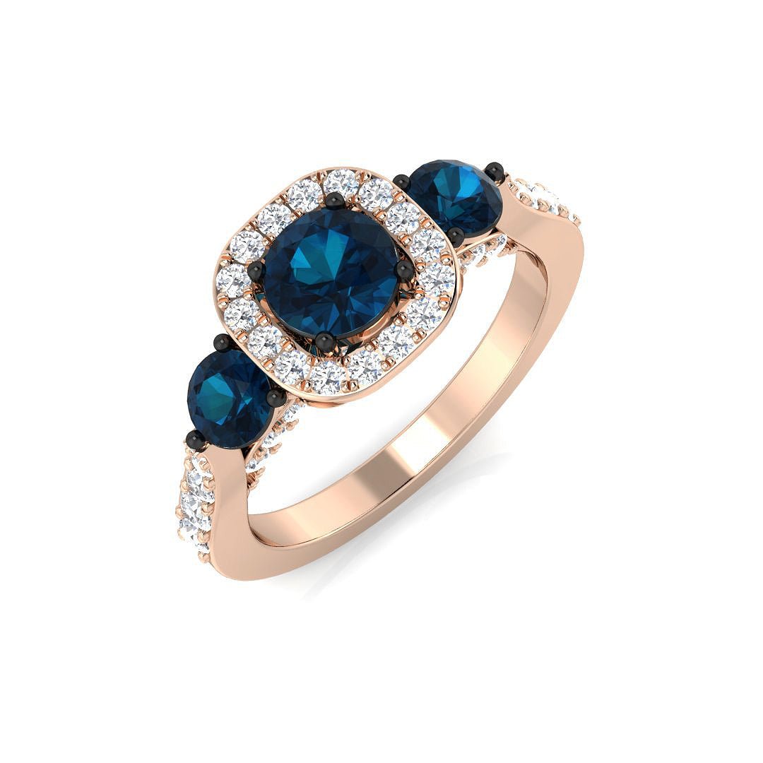 14K Gold 3 - Stone Blue Diamond Ring with Halo (Blue Diamonds 0.99 cts., White Diamonds 0.47 cts.)