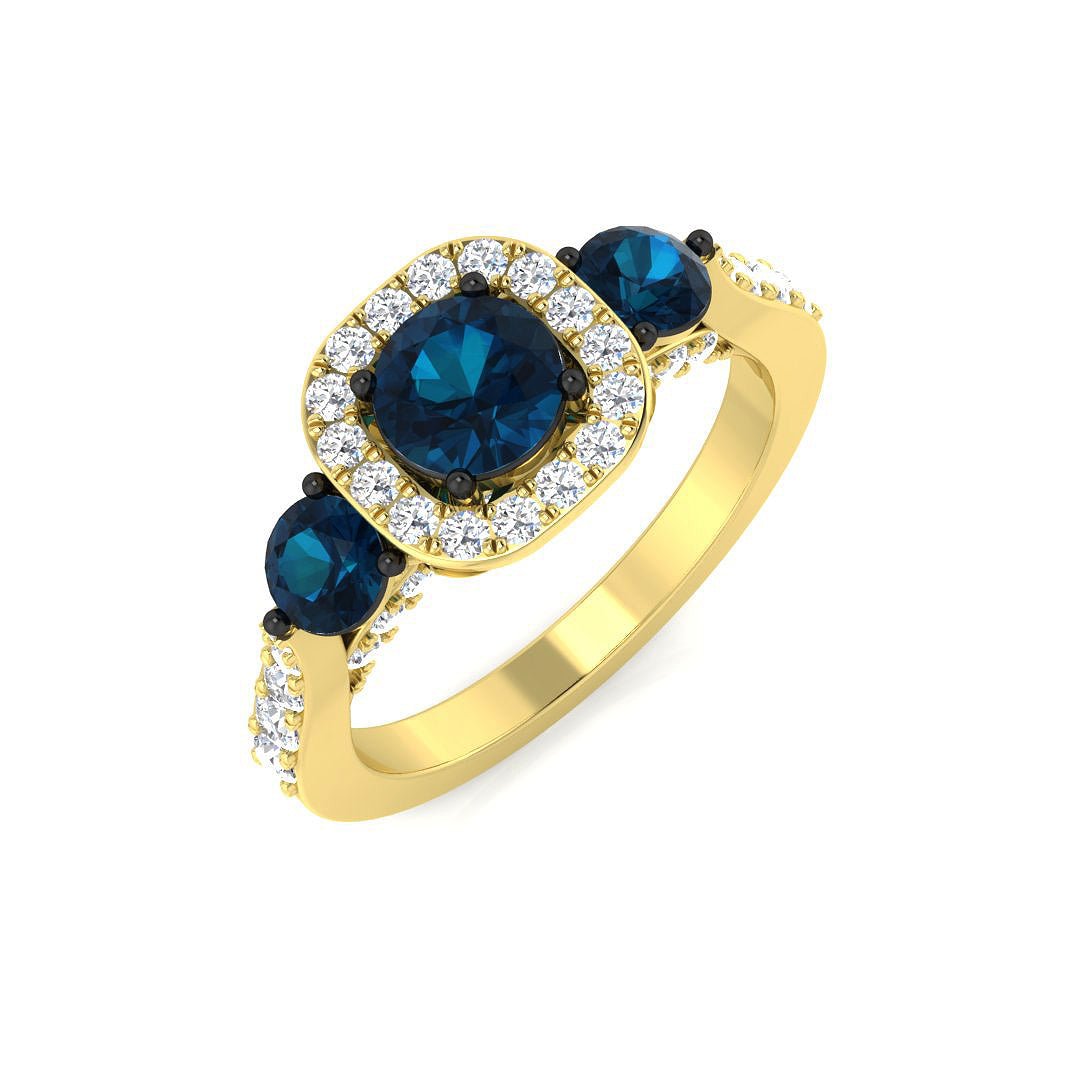 14K Gold 3 - Stone Blue Diamond Ring with Halo (Blue Diamonds 0.99 cts., White Diamonds 0.47 cts.)
