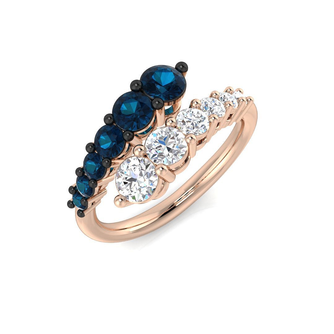14K Gold Curved Diamond Ring with Blue and White Diamonds (Blue Diamonds 0.7 cts., White Diamonds 0.65 cts.)