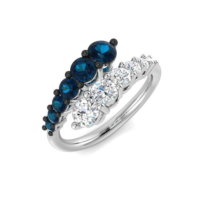 14K Gold Curved Diamond Ring with Blue and White Diamonds (Blue Diamonds 0.7 cts., White Diamonds 0.65 cts.)