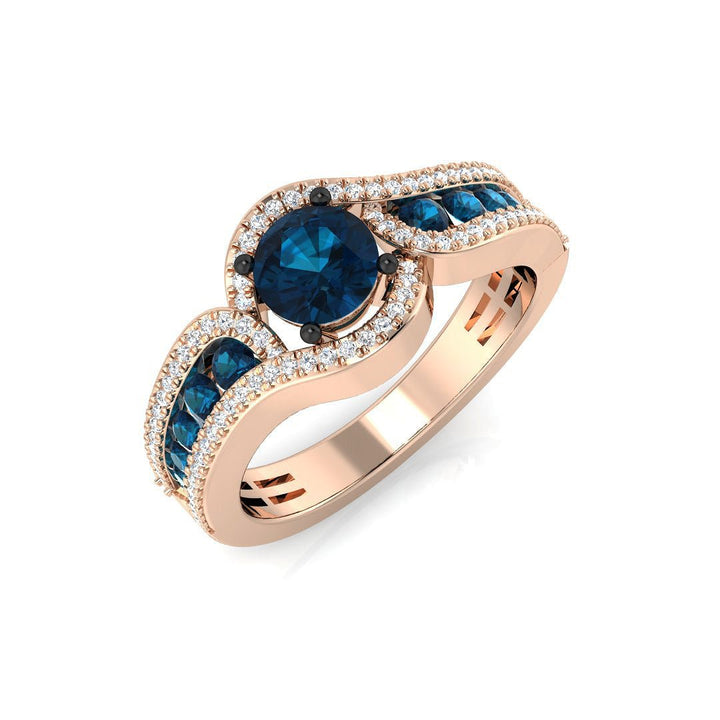 14K Gold Curved Diamond Ring with Blue Diamond (Blue Diamond 0.9 cts., White Diamonds 0.16 cts.)