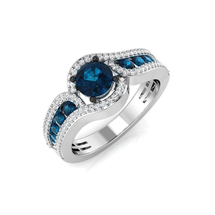 14K Gold Curved Diamond Ring with Blue Diamond (Blue Diamond 0.9 cts., White Diamonds 0.16 cts.)