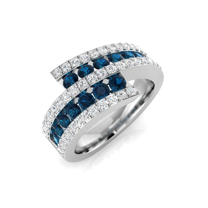 14K Gold Curved Diamond Ring with Blue Diamond (Blue Diamonds 0.87 cts., White Diamonds 0.56 cts.)