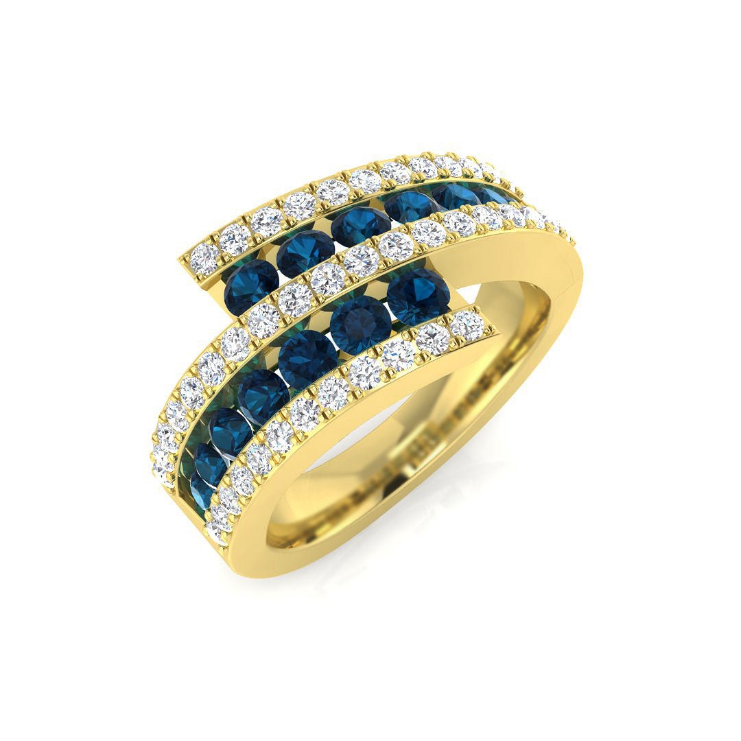 14K Gold Curved Diamond Ring with Blue Diamond (Blue Diamonds 0.87 cts., White Diamonds 0.56 cts.)