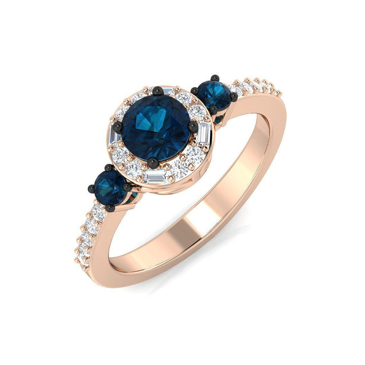 14K Gold Three - Stone Blue Diamond Ring with Halo (Blue Diamonds 0.67 cts., White Diamonds 0.15 cts.)