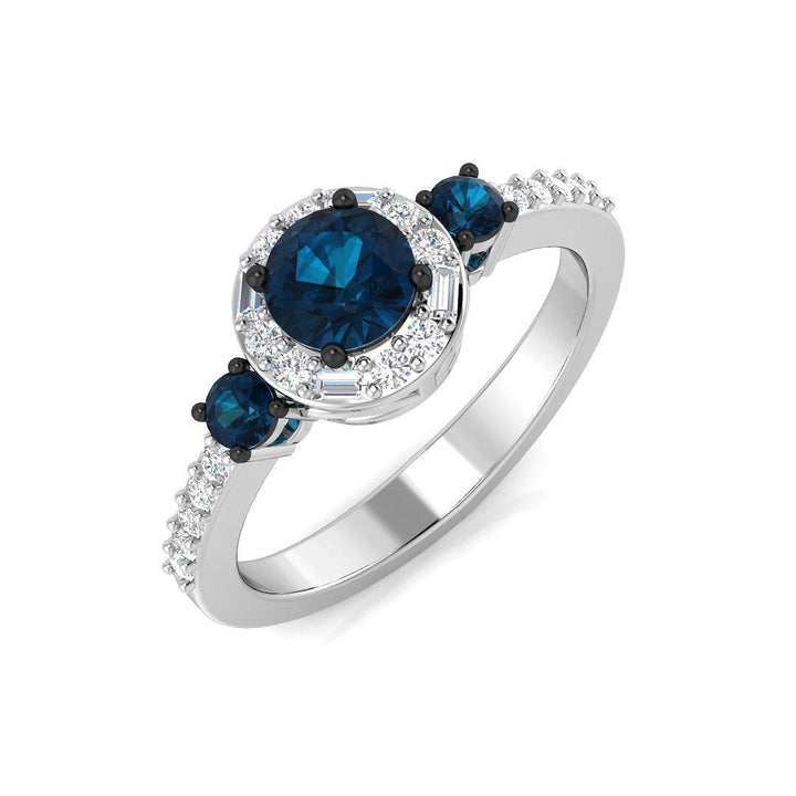 14K Gold Three - Stone Blue Diamond Ring with Halo (Blue Diamonds 0.67 cts., White Diamonds 0.15 cts.)