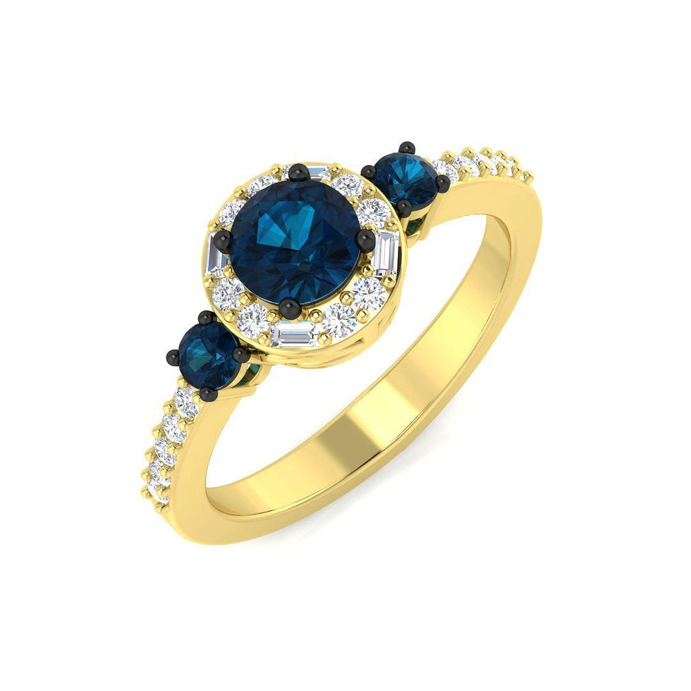 14K Gold Three - Stone Blue Diamond Ring with Halo (Blue Diamonds 0.67 cts., White Diamonds 0.15 cts.)