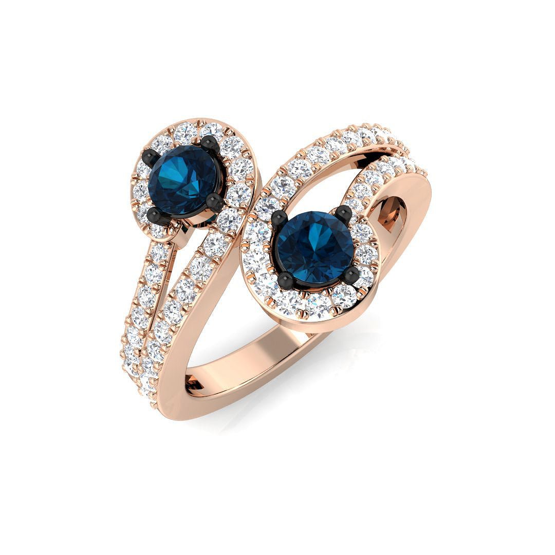 14K Gold Twisted Ring with Blue and White Diamonds (Blue Diamonds 0.57 cts., White Diamonds 0.55 cts.)