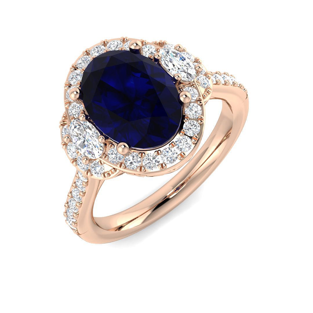 14KT Gold Blue Sapphire and Diamond Halo Ring (Sapphire 2.25 cts, Oval Diamond 0.16 cts, Round Diamond 0.42 cts)