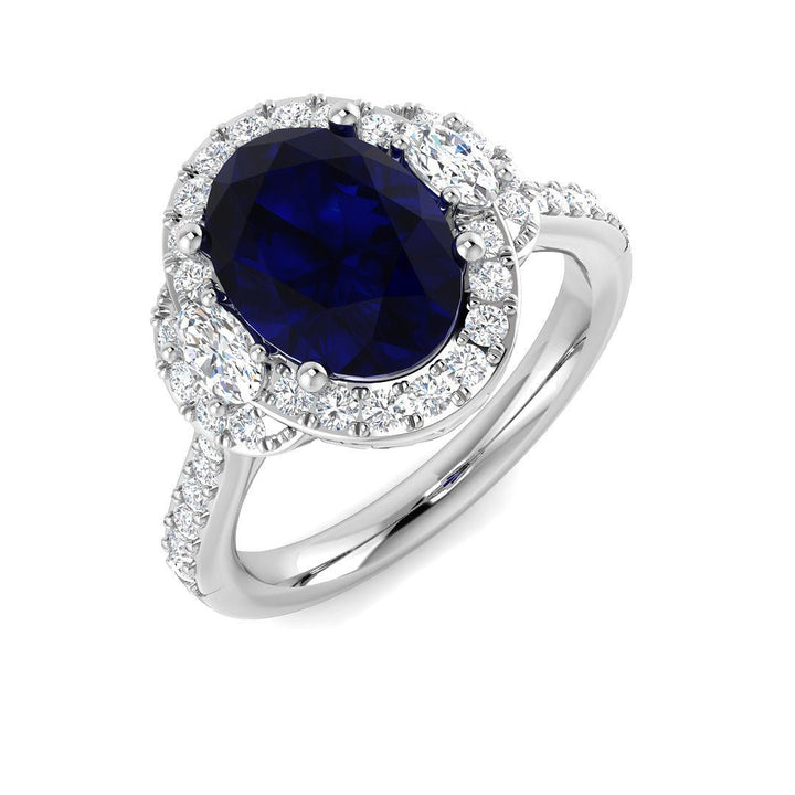 14KT Gold Blue Sapphire and Diamond Halo Ring (Sapphire 2.25 cts, Oval Diamond 0.16 cts, Round Diamond 0.42 cts)