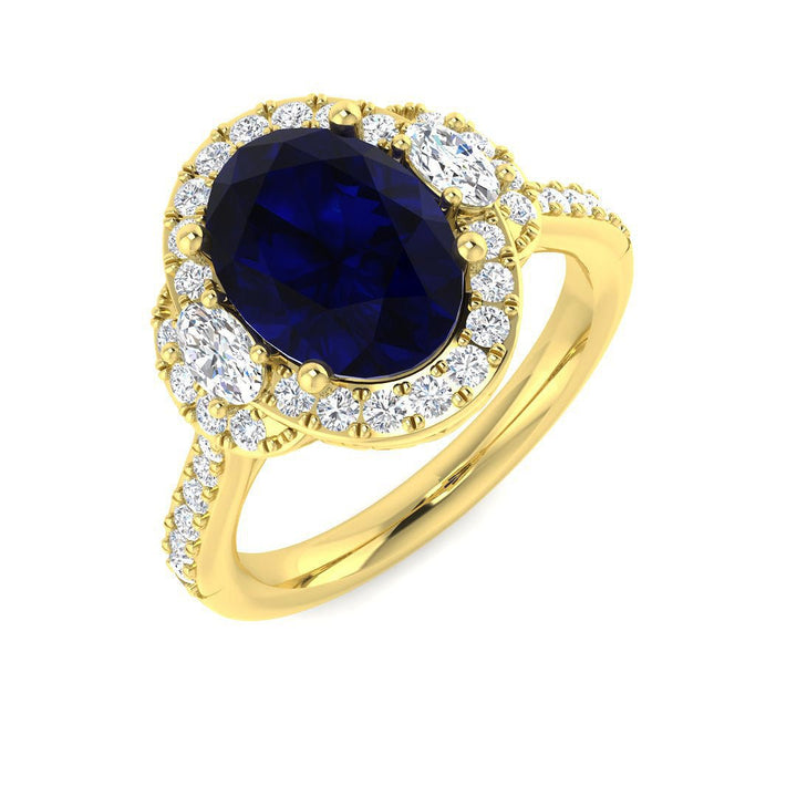 14KT Gold Blue Sapphire and Diamond Halo Ring (Sapphire 2.25 cts, Oval Diamond 0.16 cts, Round Diamond 0.42 cts)