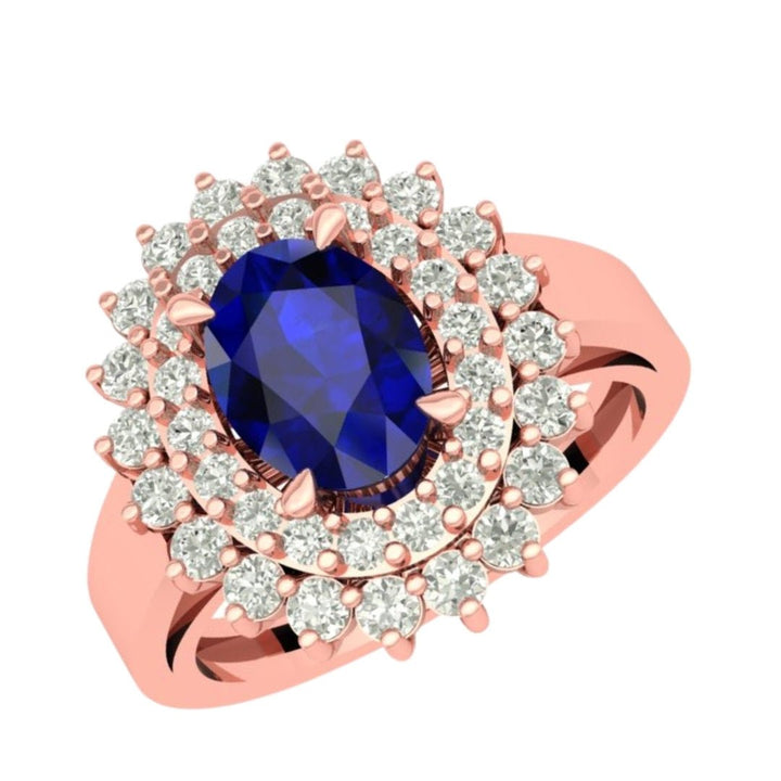 14KT Gold Double Halo Oval Blue Sapphire and Diamond Ring (Sapphire 1.50 cts, Diamond 0.73 cts)