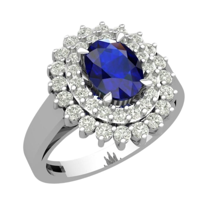 14KT Gold Double Halo Oval Blue Sapphire and Diamond Ring (Sapphire 1.50 cts, Diamond 0.73 cts)
