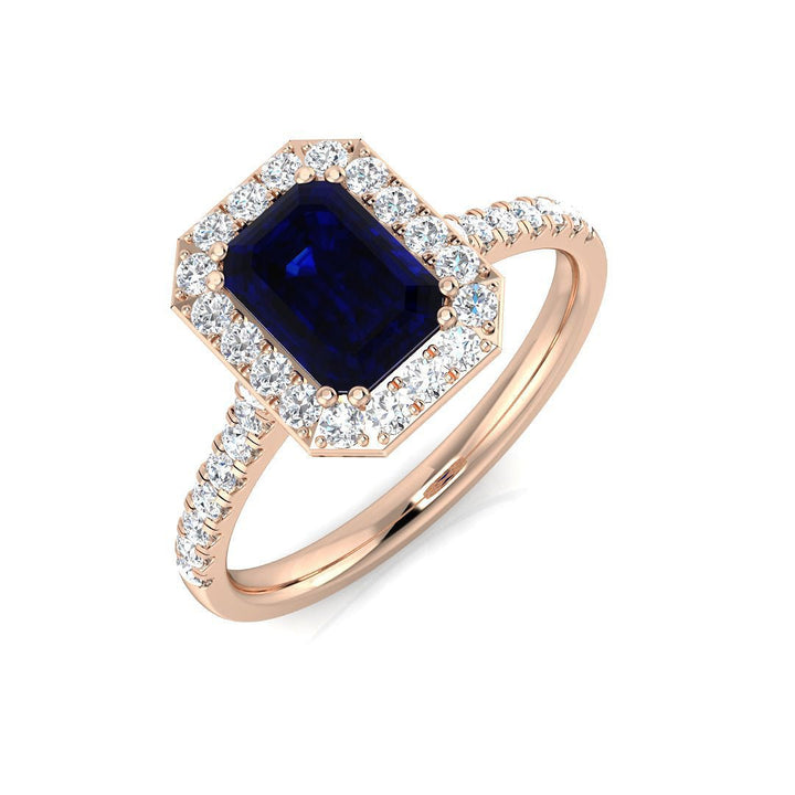 14KT Gold Emerald Cut Blue Sapphire and Diamond Halo Ring (Sapphire 1.50 cts, Diamond 0.33 cts)