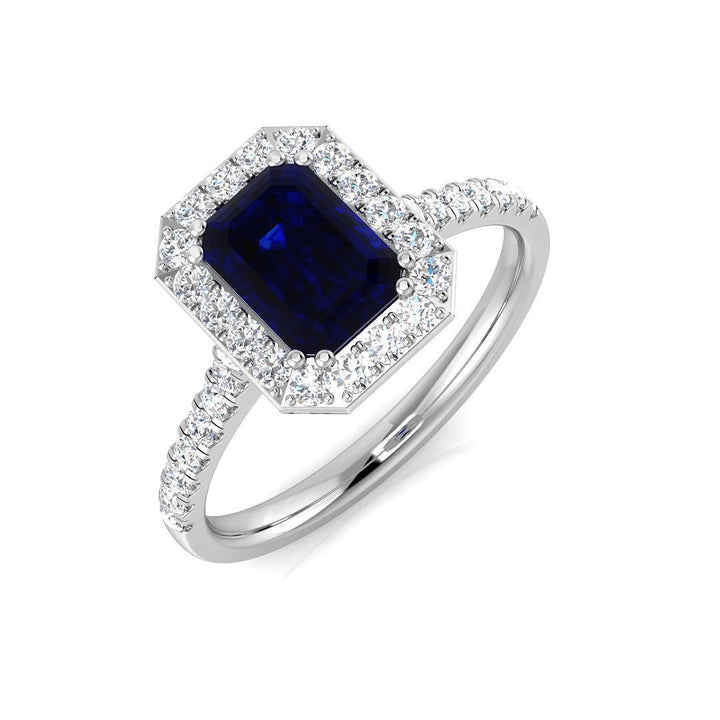 14KT Gold Emerald Cut Blue Sapphire and Diamond Halo Ring (Sapphire 1.50 cts, Diamond 0.33 cts)