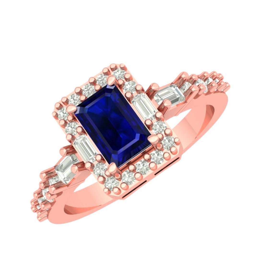 14KT Gold Emerald Cut Blue Sapphire and Diamond Halo Ring with Baguette Accents (Sapphire 0.60 cts, Diamond 0.45 cts)