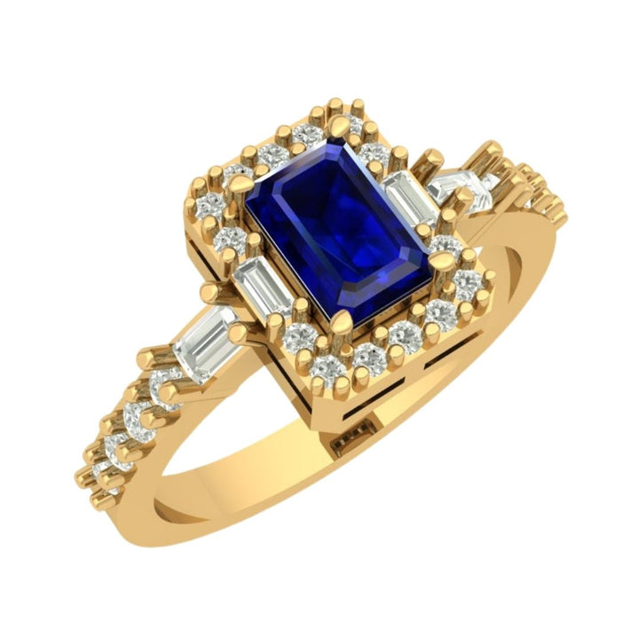 14KT Gold Emerald Cut Blue Sapphire and Diamond Halo Ring with Baguette Accents (Sapphire 0.60 cts, Diamond 0.45 cts)