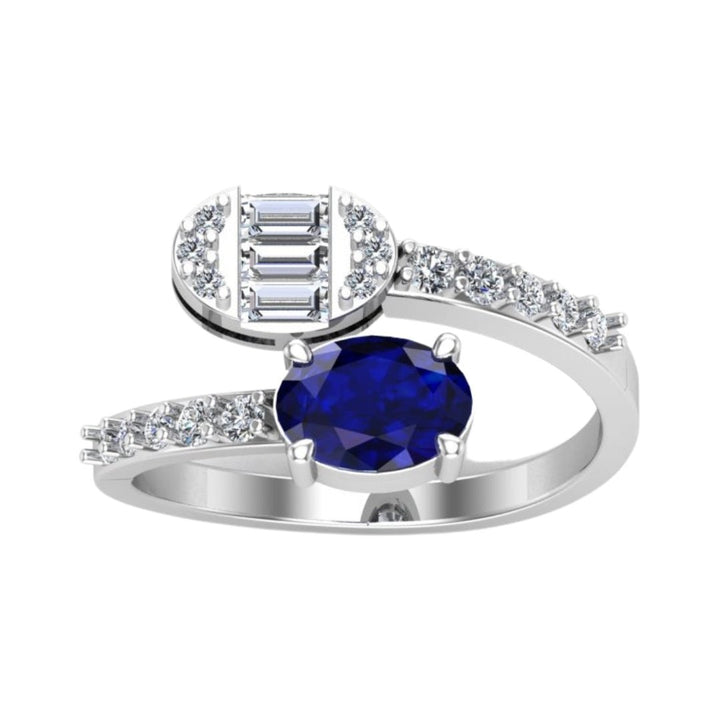 14KT Gold Oval Blue Sapphire and Diamond Bypass Ring with Baguette Accent (Sapphire 1.10 cts, Diamond 0.38 cts)