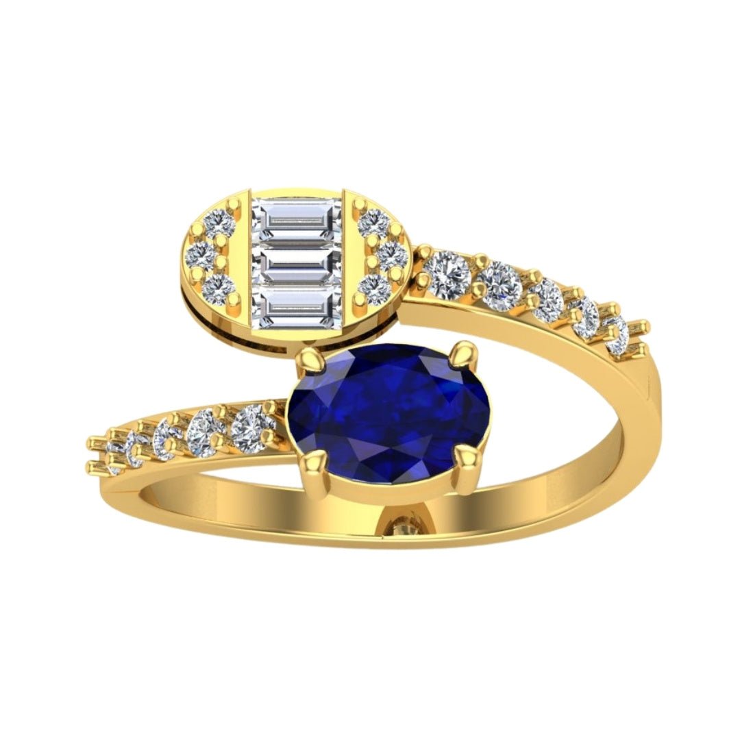 14KT Gold Oval Blue Sapphire and Diamond Bypass Ring with Baguette Accent (Sapphire 1.10 cts, Diamond 0.38 cts)