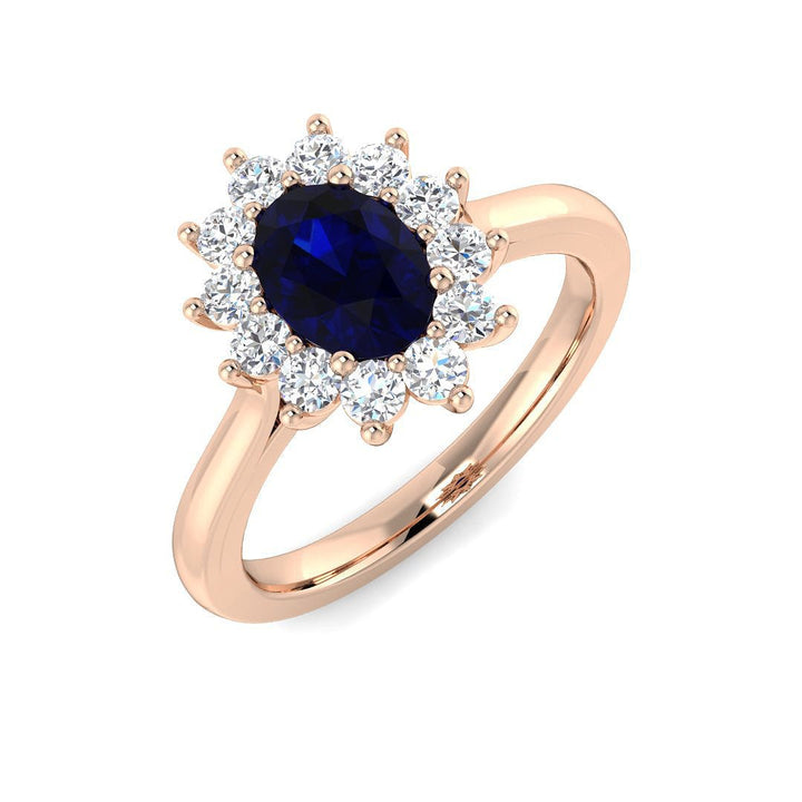 14KT Gold Oval Blue Sapphire and Diamond Halo Ring (Sapphire 1.00 ct, Diamond 0.35 cts)
