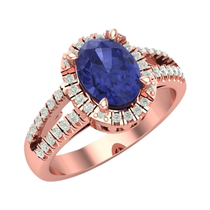14KT Gold Oval Blue Sapphire and Split Shank Diamond Halo Ring (Sapphire 1.40 cts, Diamond 0.26 cts)
