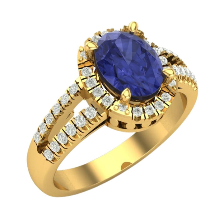 14KT Gold Oval Blue Sapphire and Split Shank Diamond Halo Ring (Sapphire 1.40 cts, Diamond 0.26 cts)