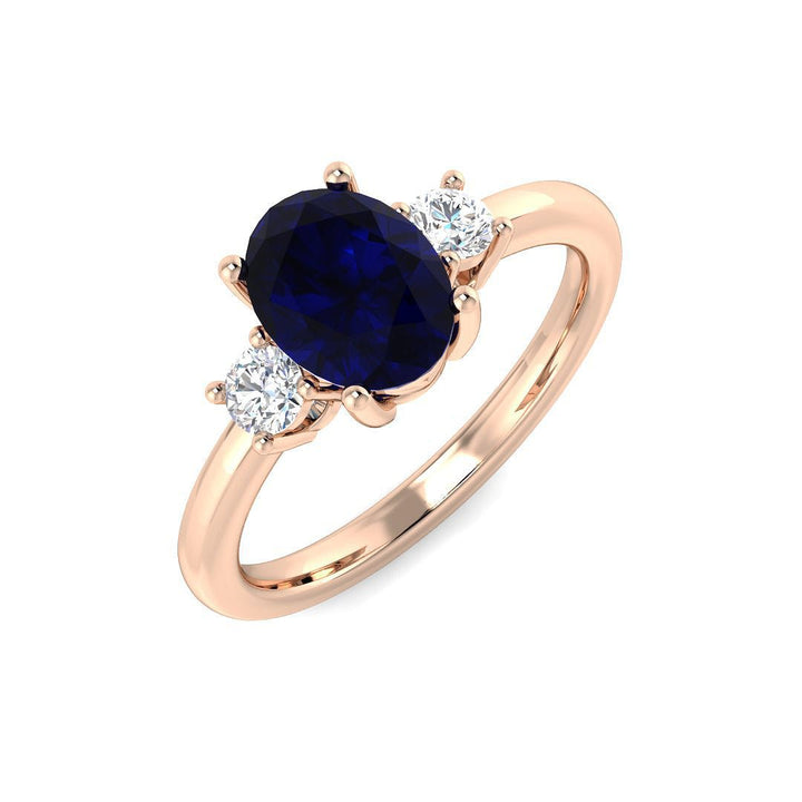 14KT Gold Oval Blue Sapphire Three - Stone Ring with Diamonds (Sapphire 1.40 cts, Diamond 0.16 cts)