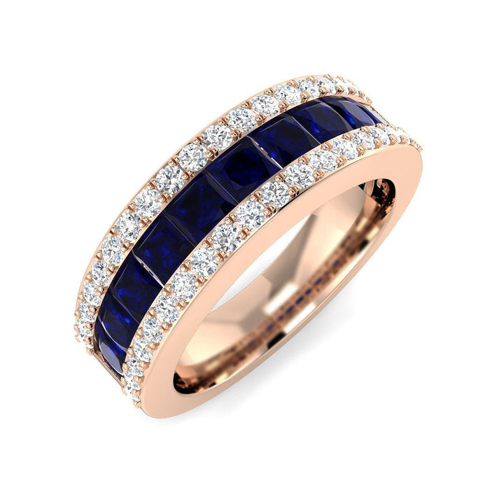 14KT Gold Princess Cut Blue Sapphire and Round Diamond Band (Sapphire 1.50 cts, Round Diamond 0.50 cts)