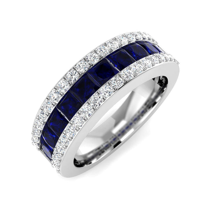 14KT Gold Princess Cut Blue Sapphire and Round Diamond Band (Sapphire 1.50 cts, Round Diamond 0.50 cts)