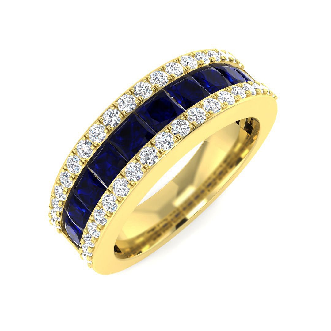 14KT Gold Princess Cut Blue Sapphire and Round Diamond Band (Sapphire 1.50 cts, Round Diamond 0.50 cts)