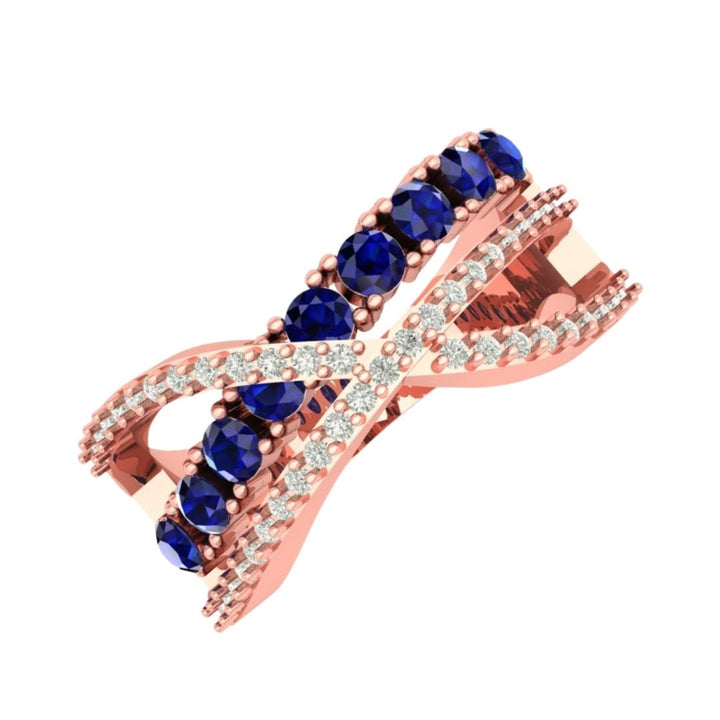 14KT Gold Round Blue Sapphire and Diamond Crisscross Ring (Sapphire 0.60 cts, Diamond 0.25 cts)