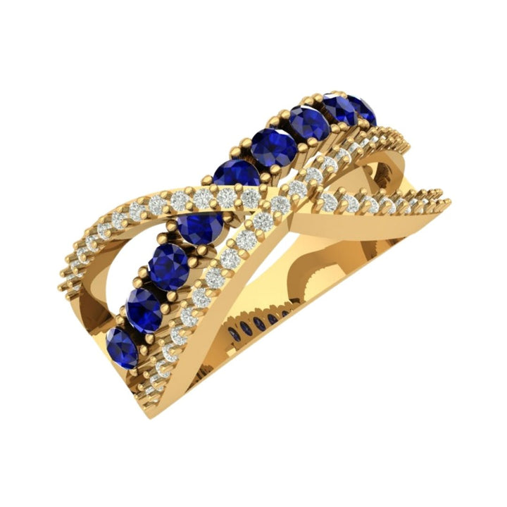 14KT Gold Round Blue Sapphire and Diamond Crisscross Ring (Sapphire 0.60 cts, Diamond 0.25 cts)