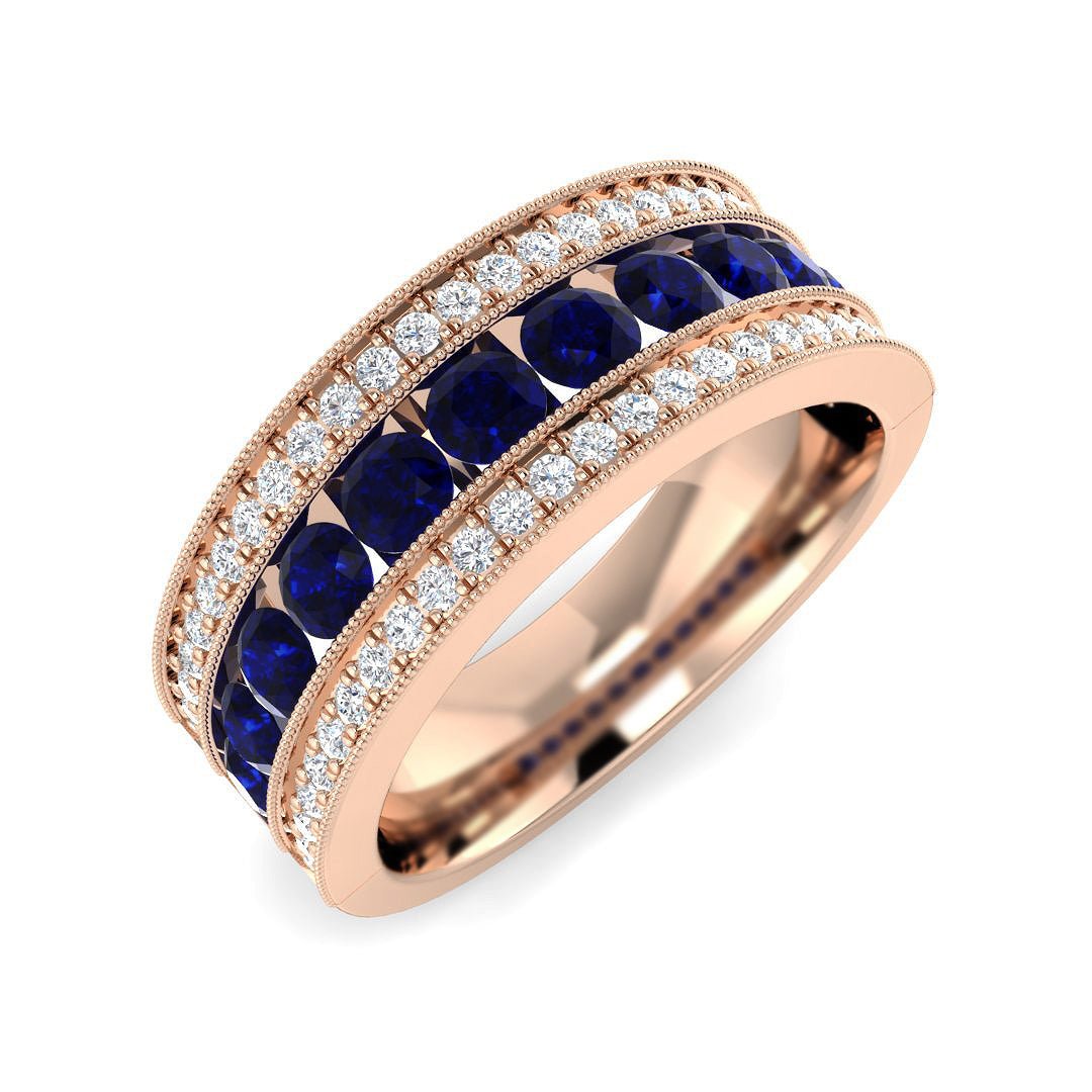 14KT Gold Round Blue Sapphire and Diamond Milgrain Band (Sapphire 1.35 cts, Diamond 0.30 cts)