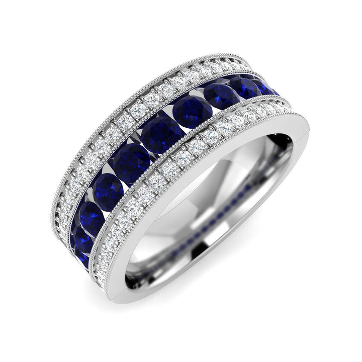 14KT Gold Round Blue Sapphire and Diamond Milgrain Band (Sapphire 1.35 cts, Diamond 0.30 cts)