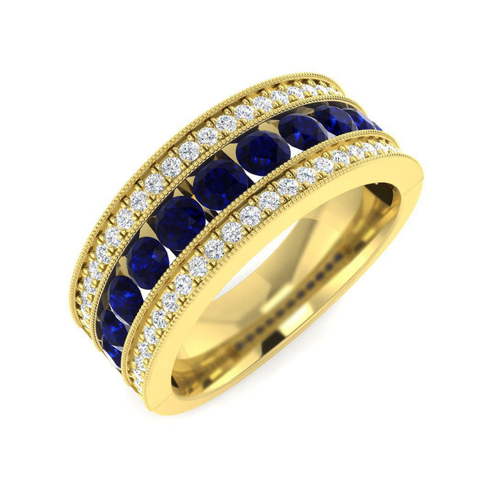 14KT Gold Round Blue Sapphire and Diamond Milgrain Band (Sapphire 1.35 cts, Diamond 0.30 cts)