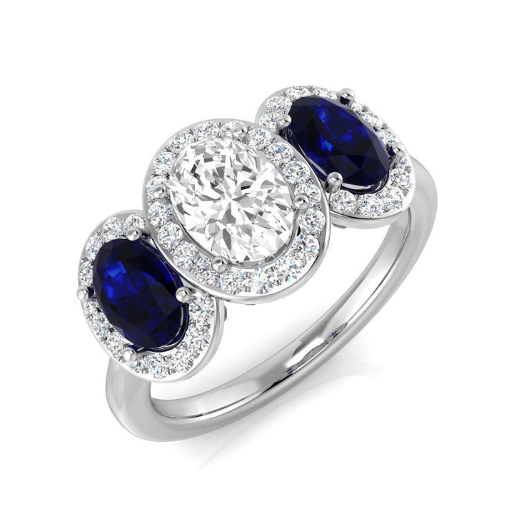 14KT Gold Three - Stone Oval Diamond and Sapphire Halo Ring (Diamond 0.70 cts, Sapphire 1.10 cts, Diamond Accents 0.30 cts)