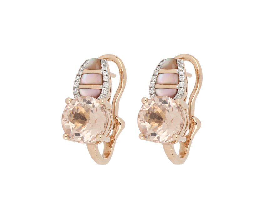 Morganite and Pink Mother of Pearl Ladies Earrings (Morganite 3.62 cts. Pink Mother of Pearl 0.41 cts. White Diamond 0.13 cts.)