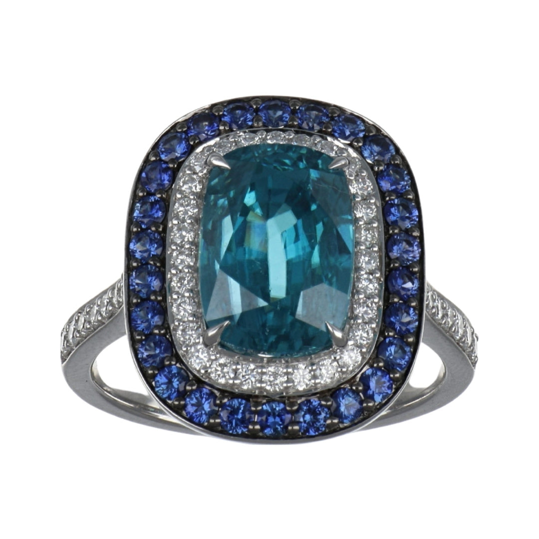 Blue Zircon Ring (Blue Zircon 7.08 cts. Blue Sapphire 0.61 cts. White Diamond 0.36 cts.)