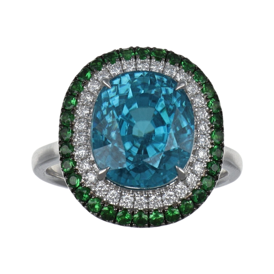 Blue Zircon Ring (Blue Zircon 11.72 cts. Tsavorite 0.57 cts. White Diamond 0.25 cts.)