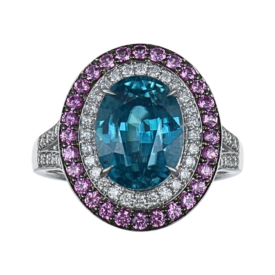 Blue Zircon Ring (Blue Zircon 7.2 cts. Pink Sapphire 0.57 cts. White Diamond 0.37 cts. )