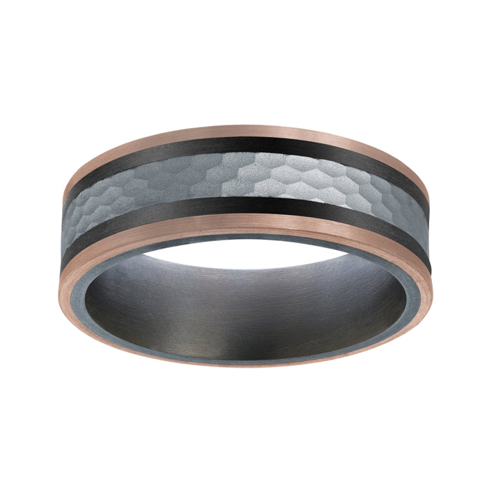 Tantalum, White and Rose Gold Wedding Band with Carbon Fiber Accents - 7mm