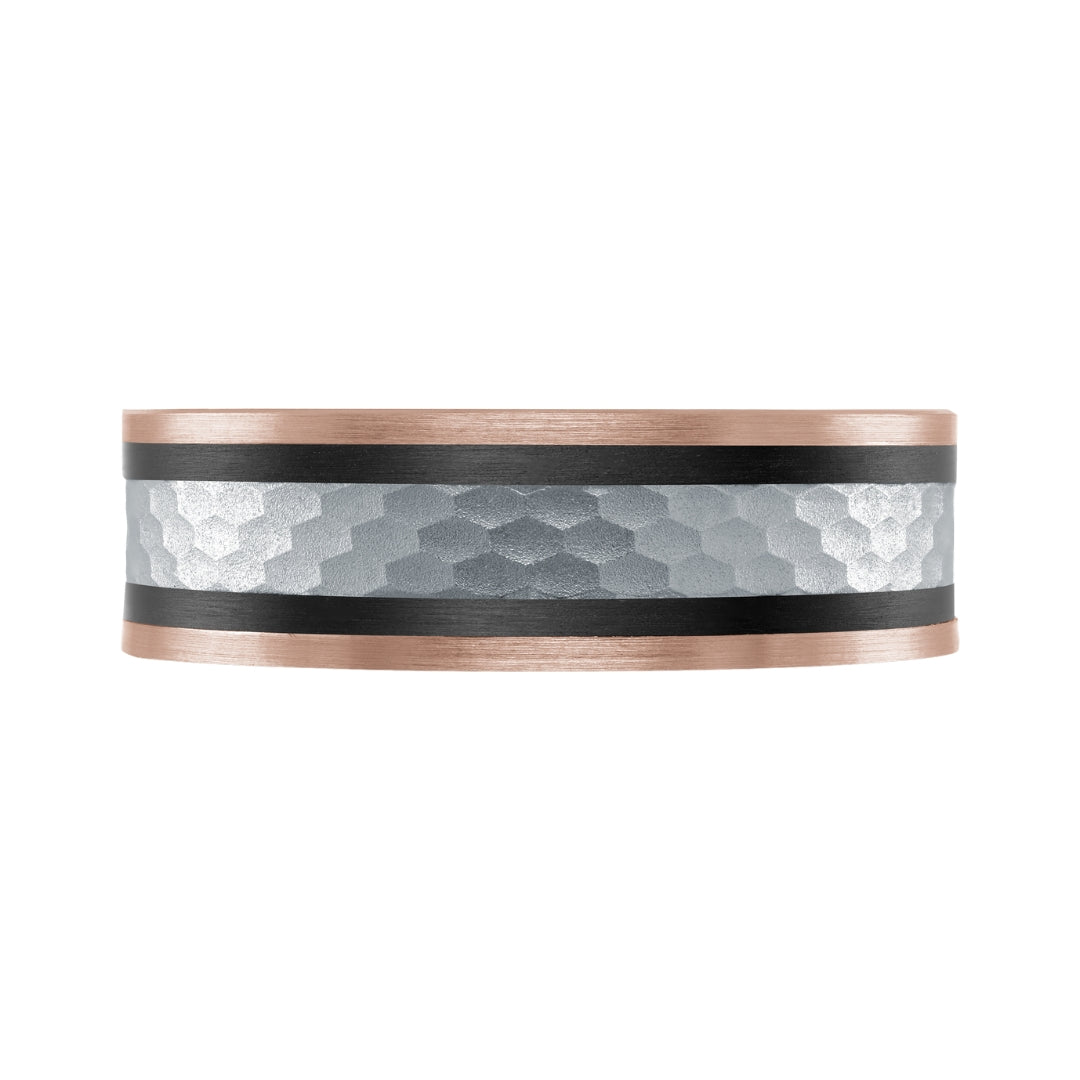 Tantalum, White and Rose Gold Wedding Band with Carbon Fiber Accents - 7mm