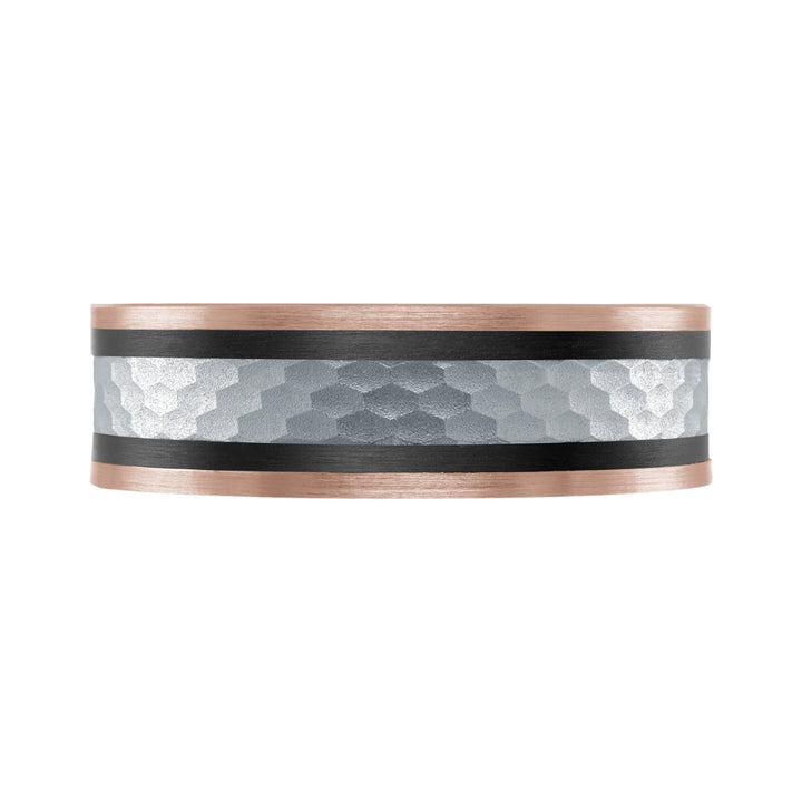 Tantalum, White and Rose Gold Wedding Band with Carbon Fiber Accents - 7mm