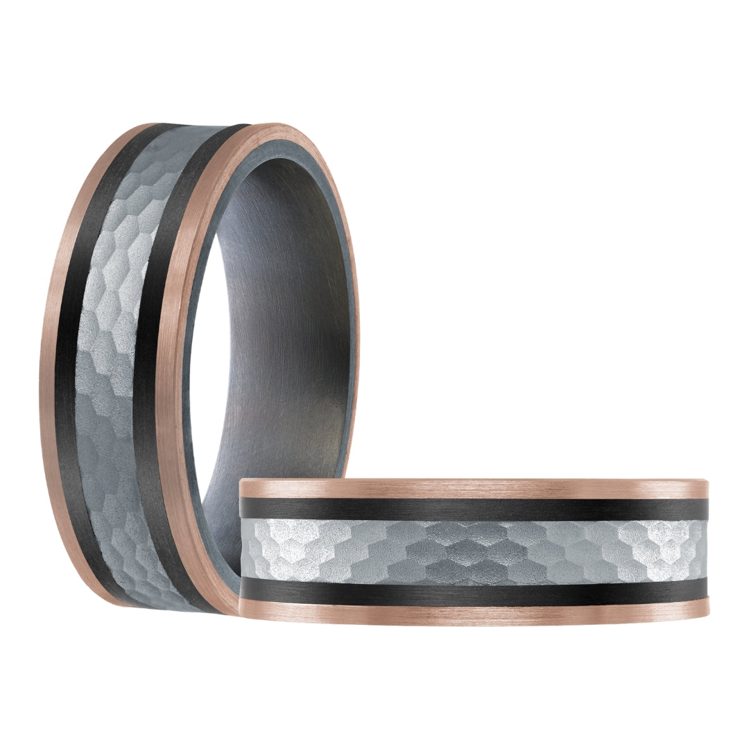 Tantalum, White and Rose Gold Wedding Band with Carbon Fiber Accents - 7mm