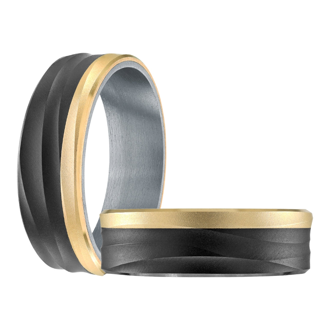 Tantalum and Carbon Fiber Wedding Band with Yellow Gold Accents – 7mm